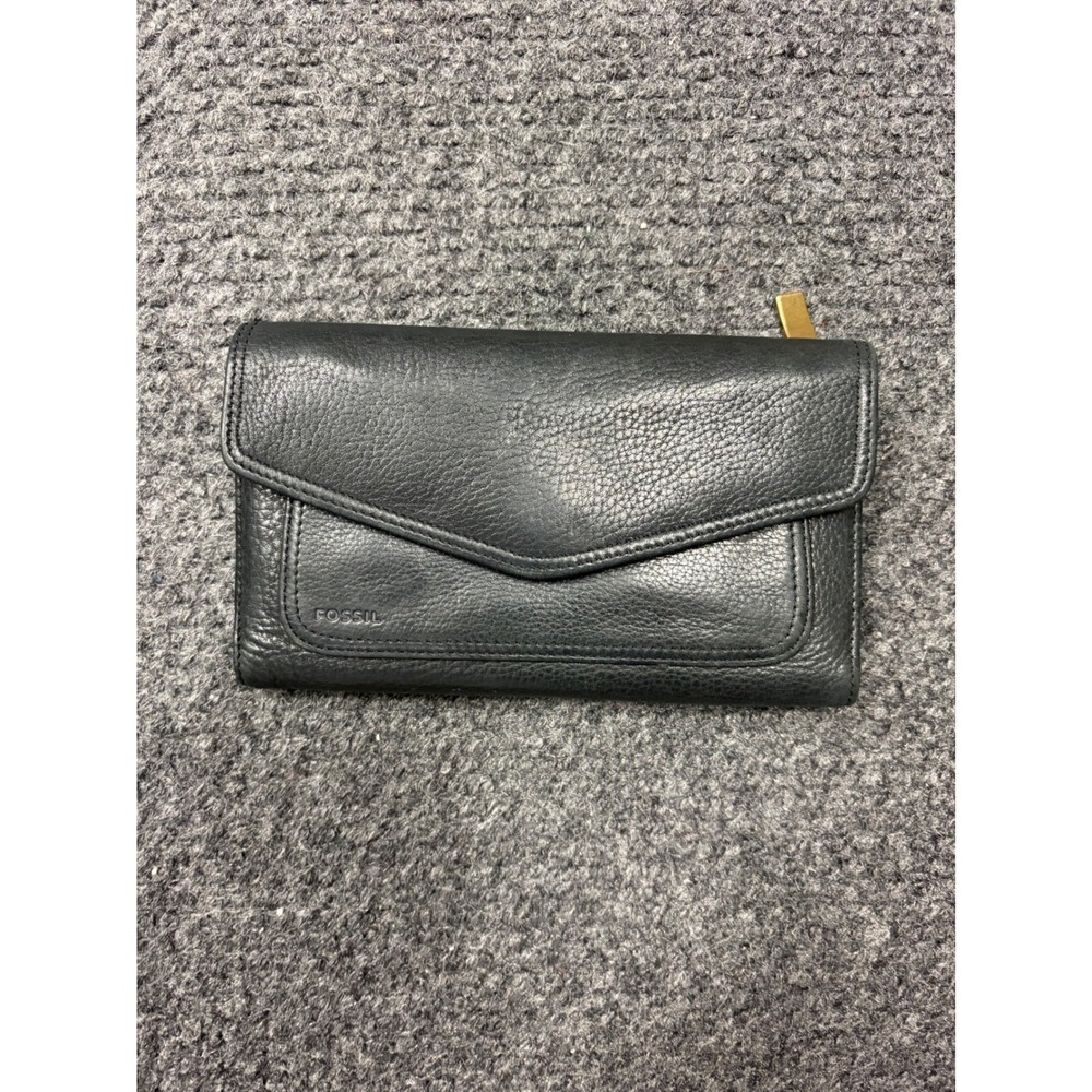Fossil Black Leather Tri-Fold Clutch Wallet Envelope Flap Organizer